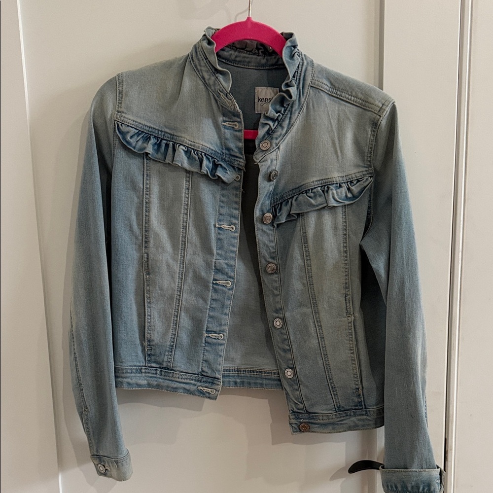 Kensie Light Blue Jean Jacket with Ruffle Trim